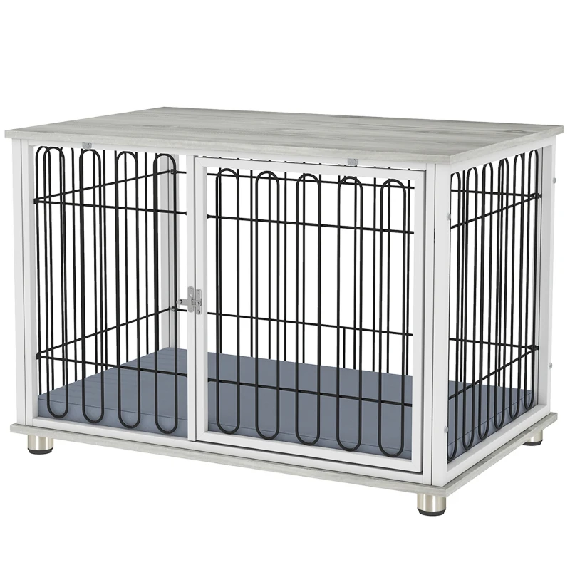 PawHut Dog Crate Furniture with Washable Cushion, Adjustable Feet for Medium Dogs, Indoor Use, Grey