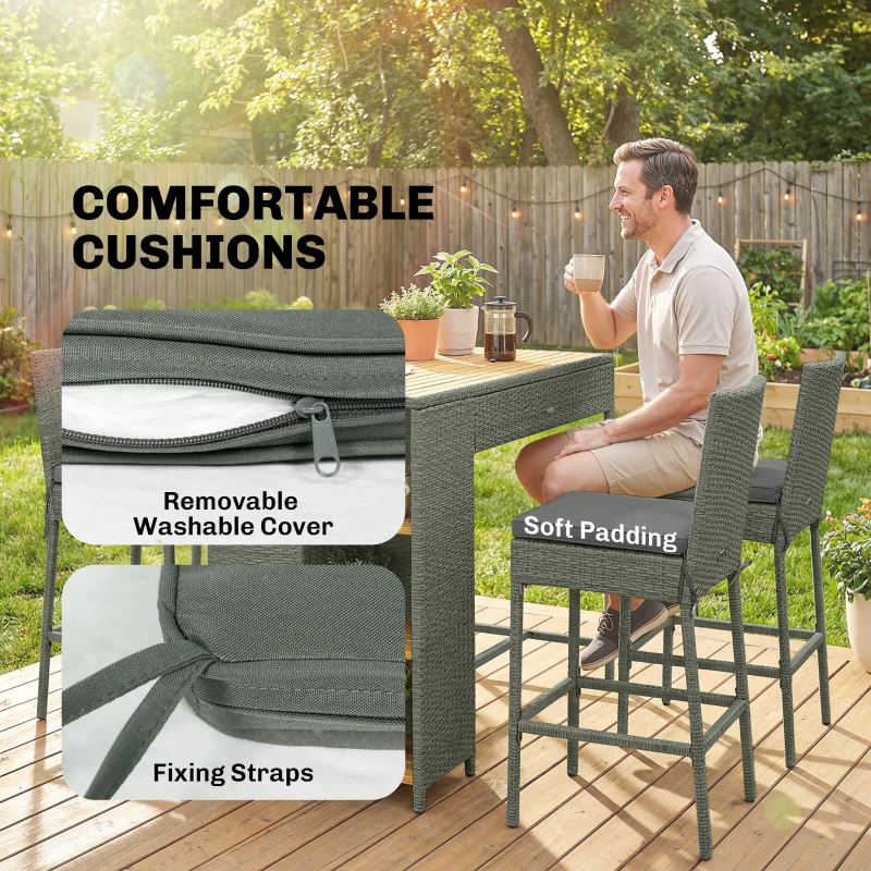 Outsunny 5 Piece Wicker Outdoor Bar Set, Acacia Wood Outdoor High Top Table and Chairs with 3 Tier Shelves, Cushions, Gray