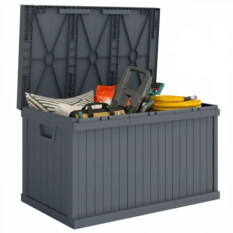 Outsunny 70 Gallon Deck Box, Resin Outdoor Storage Box with Handles, Waterproof Storage Container for Garden Tools, Dark Grey