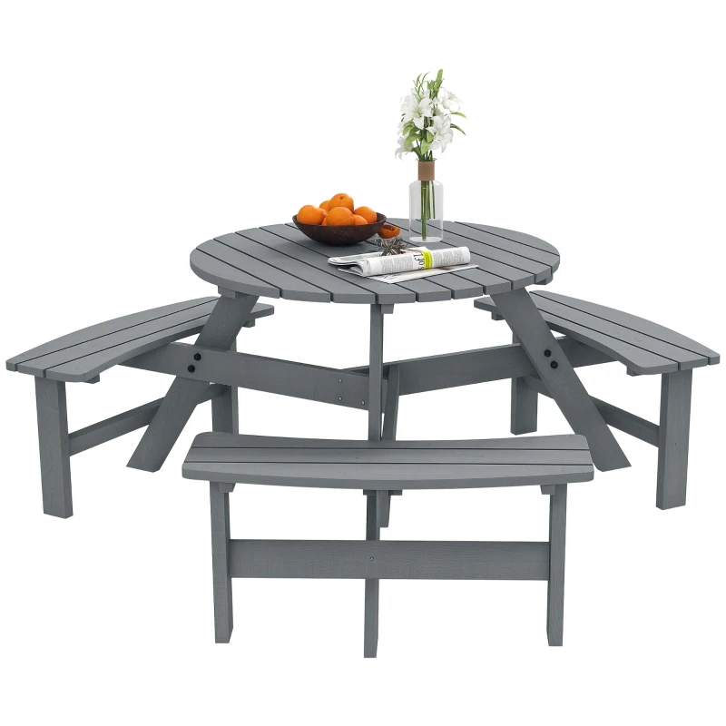 Outsunny 6 Person Round Picnic Table Bench Set with Umbrella Hole, Wood Patio Table with 3 Built-in Benches for Garden, Deck, Backyard, Grey