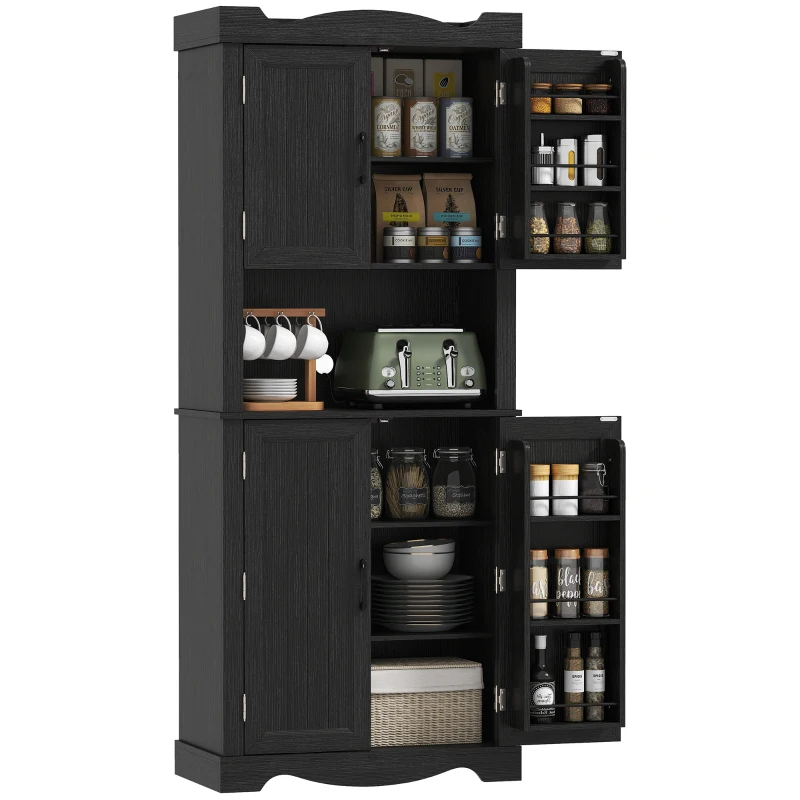 HOMCOM 73" Kitchen Pantry Cabinet, Freestanding Kitchen Hutch with 12 Door Shelves, Adjustable Shelves, Microwave Stand, Black