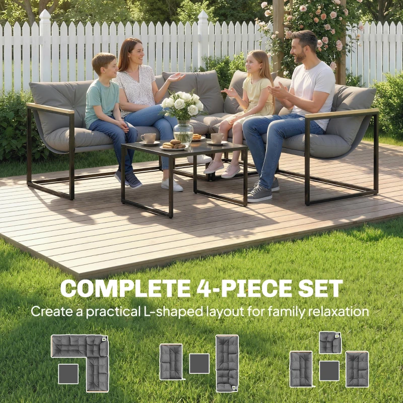 Outsunny 4 Piece Patio Furniture Set with Thick Cushions and Coffee Table, Patio Conversation Set for Porch, Balcony, Deck, Grey