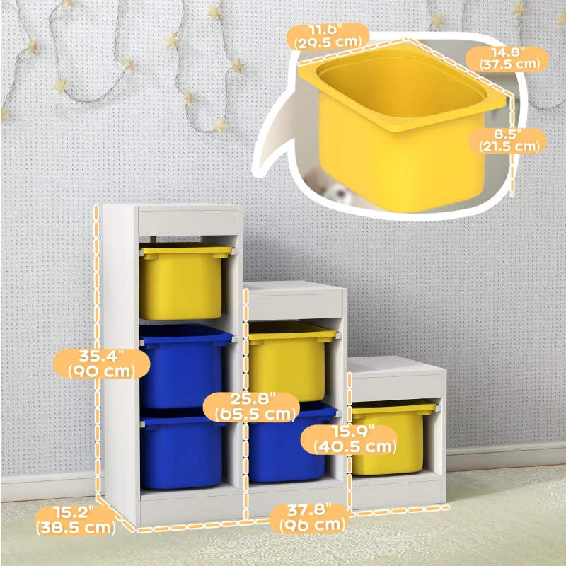 Qaba 3 Layers Toy Storage Organizer Kids Bookshelf Children Toy Storage w/ 6 Plastic Bins, Yellow & Blue