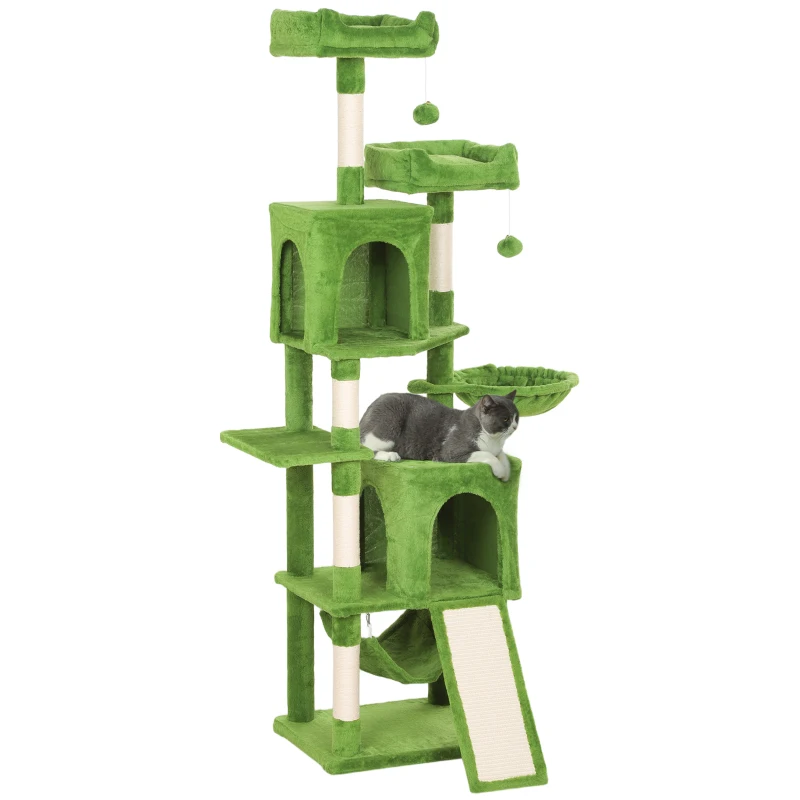 PawHut Cat Tree, 70" Multi-Level Cat Tower with 2 Condos, 2 Perches, Hammock, Toy Balls, Scratching Posts and Board, Green