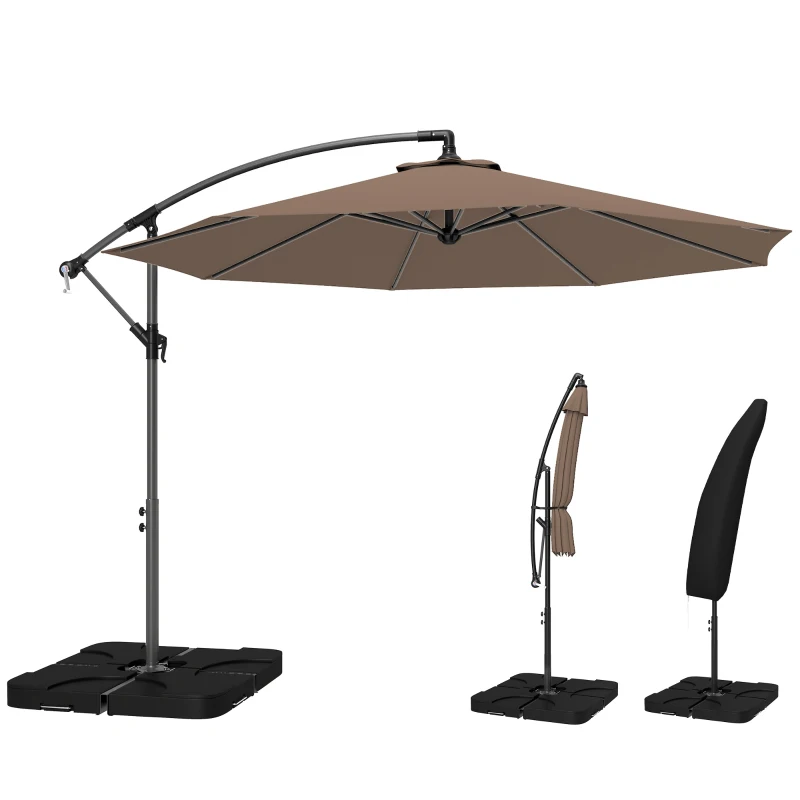 Outsunny 9.6ft Offset Patio Umbrella Garden Hanging Parasol Banana Cantilever Umbrella with Base, Crank, Coffee