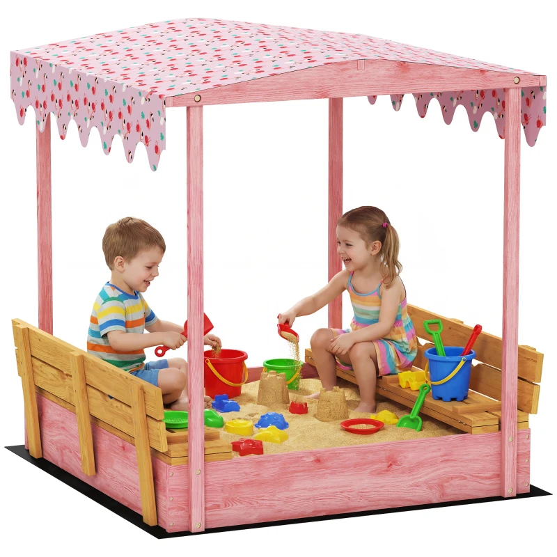 Qaba Wooden Sandbox with Cover, Kids Sandbox Outdoor with Seat, Bottom Liner, Canopy for Ages 3-6, Flamingos Print, Pink