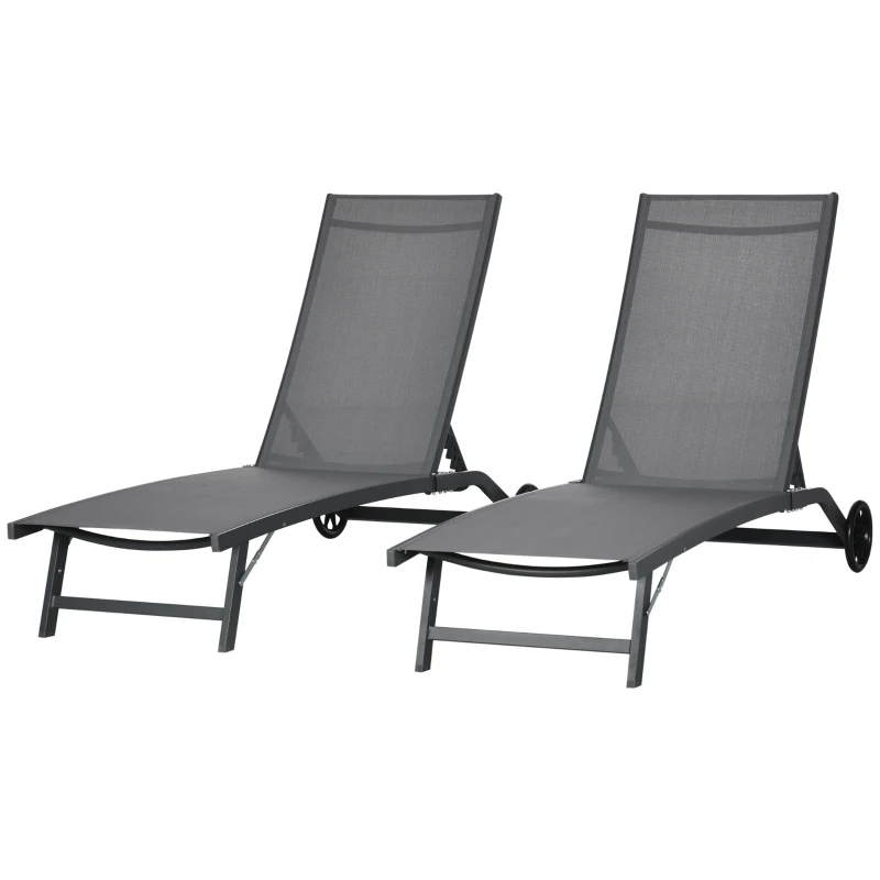 Outsunny Outdoor Lounge Chair Set of 2, Tanning Chair with Wheels, Breathable Mesh for Patio, Backyard, Poolside, Dark Grey