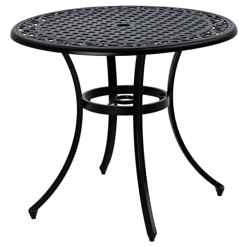 Outsunny 35.5" Round Outdoor Dining Table for 2-4, Cast Aluminum Garden Patio Table with 2" Umbrella Hole, Grid Top, Black