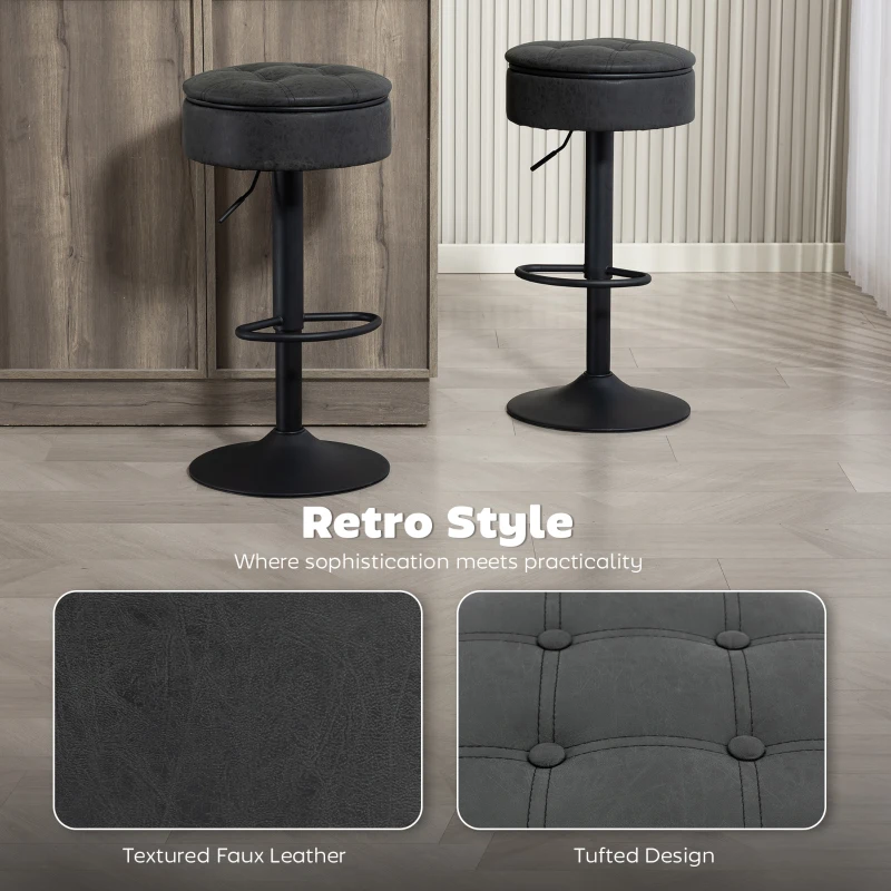 HOMCOM Set of 2 Barstools with Storage, Swivel Bar Stools with PU Leather Upholstered, Footrest, Steel Base, Black