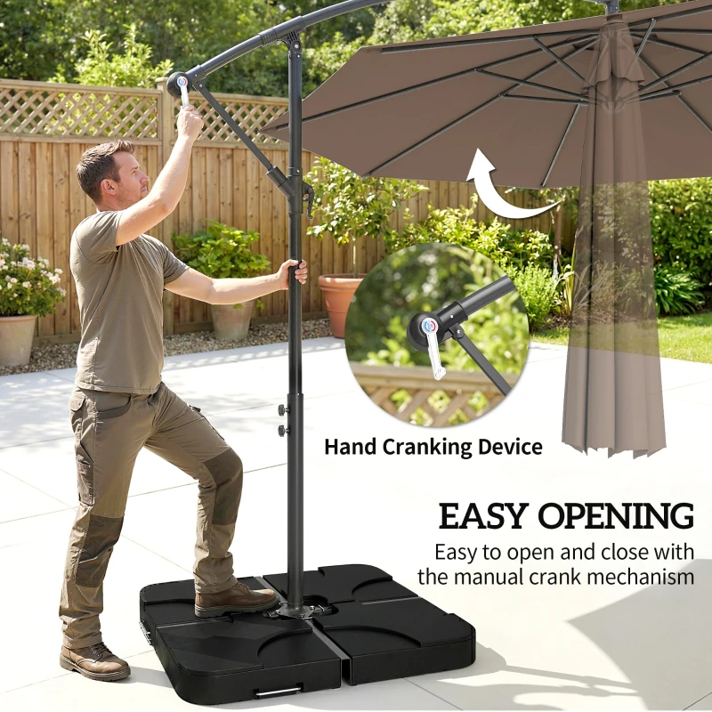 Outsunny 9.6ft Offset Patio Umbrella Garden Hanging Parasol Banana Cantilever Umbrella with Base, Crank, Coffee