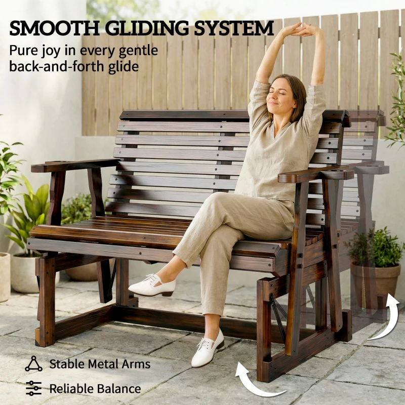 Outsunny Outdoor Glider Bench, Wooden Glider Chair with 2 Cupholders, Slatted Seat and Armrests, Patio Swing Rocking Loveseat