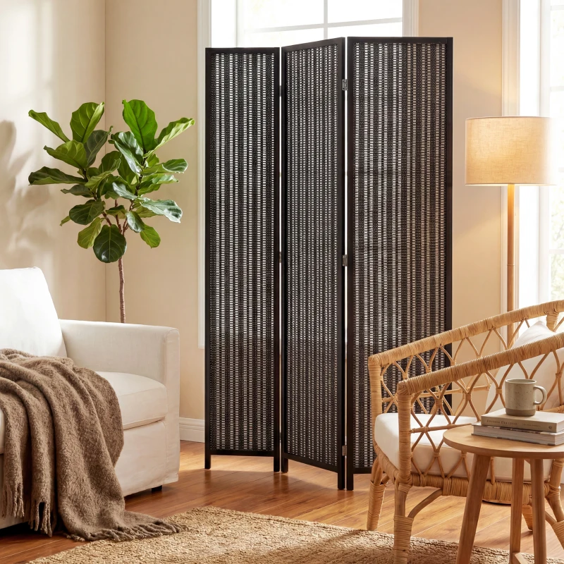 HOMCOM Folding Privacy Screen, 3 Panel Room Divider, Freestanding Partition with Handwoven Bamboo and Pine Wood Frame, Black