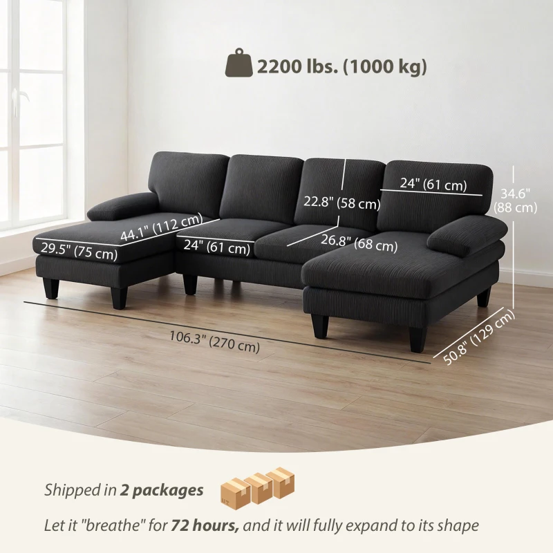 HOMCOM Sectional Sofa, U Shaped Couch with Double Chaise, Pillow-top Armrests and Spring Cushions, 2200lb Capacity, Dark Grey