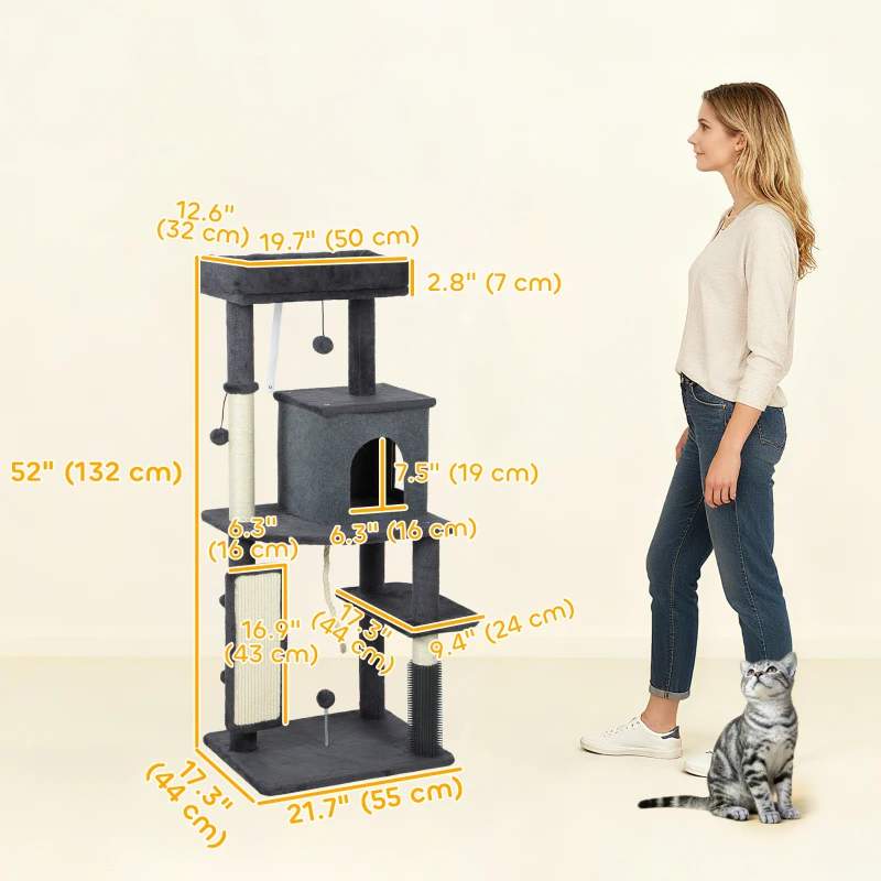 PawHut 52 Inch Cat Tree with Scratching Posts, Cat Bed, Condo, Grooming Brush, Jumping Platforms, Toy Balls, Anti-tip Kit