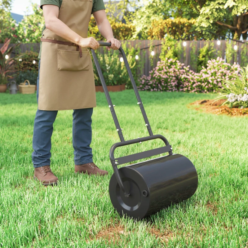 Outsunny 20-Inch Push/Tow Behind Lawn Roller Filled with 10 Gal Water or Sand for Flattening Sod in the Garden, Black