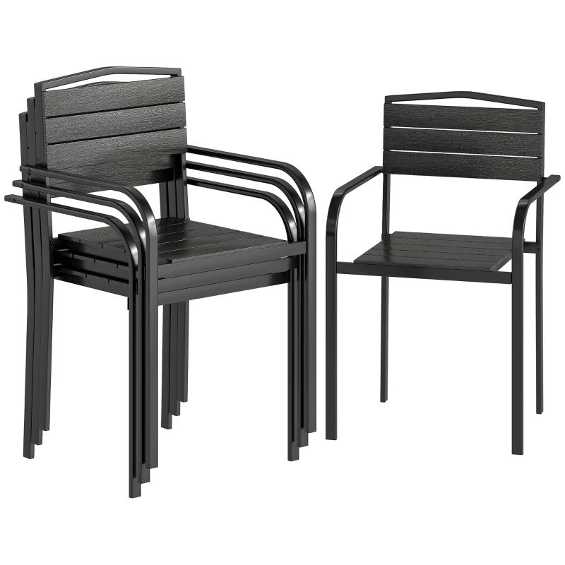 Outsunny Stackable Patio Chairs Set of 4, Outdoor Dining Chairs with Slatted HDPE Seat, Armrests for Garden, Backyard, Black