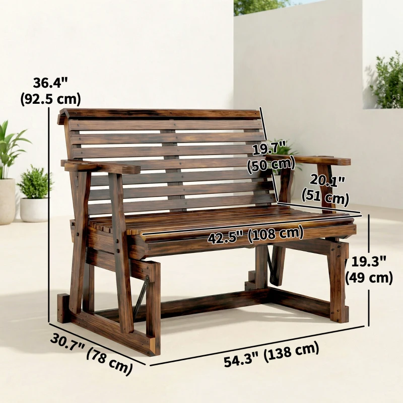 Outsunny Outdoor Glider Bench, Wooden Glider Chair with 2 Cupholders, Slatted Seat and Armrests, Patio Swing Rocking Loveseat