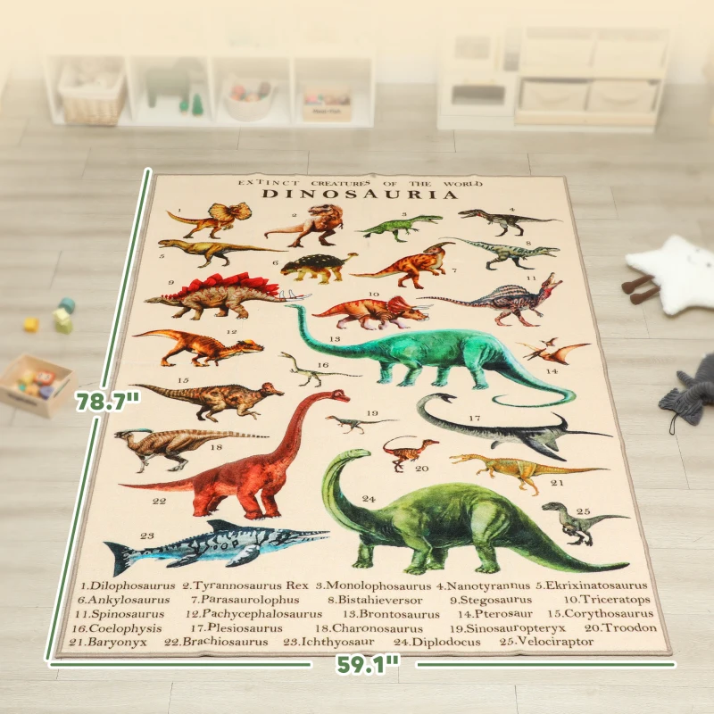 Qaba Large Play Mat 79" x 59", Crawling Mat for Toddlers, Living Room and Bedroom with Dinosaur Pattern, Khaki