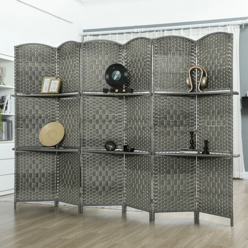 HOMCOM 6 FT Privacy Screen, 6 Panel Room Divider with Shelves for Living Room Bedroom Home Office, Grey