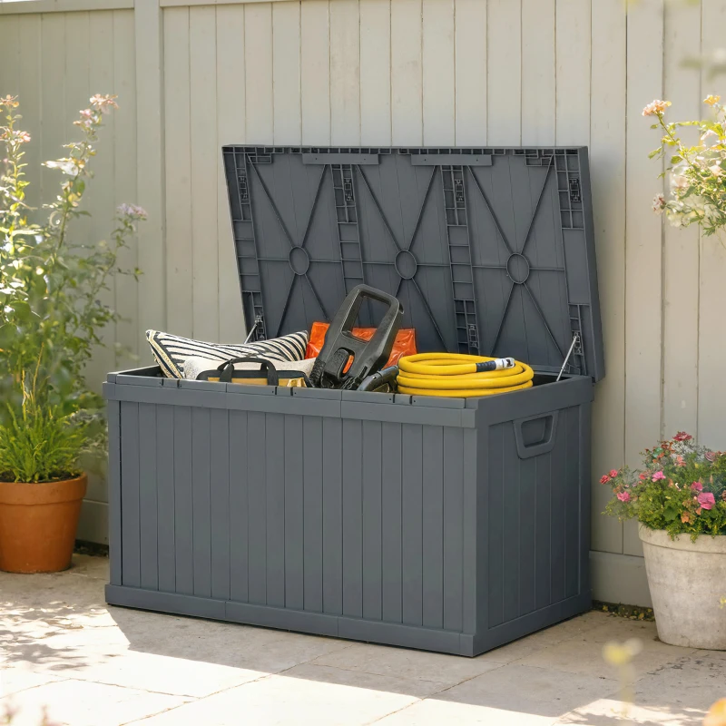 Outsunny 70 Gallon Deck Box, Resin Outdoor Storage Box with Handles, Waterproof Storage Container for Garden Tools, Dark Grey