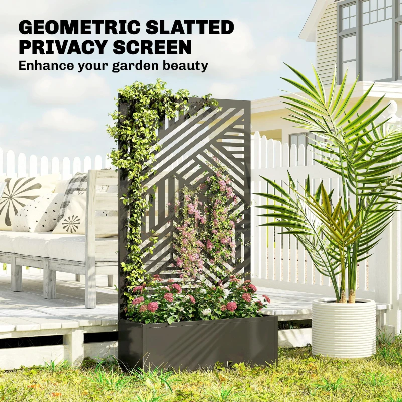 Outsunny Metal Planter Box with Trellis, 44.5" Raised Garden Bed with Trellis Privacy Screen for Climbing Plants