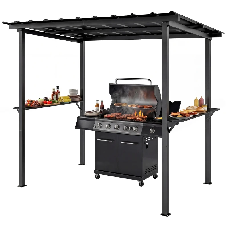 Outsunny 9' x 6' Hardtop Grill Gazebo, BBQ Gazebo with 2 Side Shelves and Galvanized Metal Slope Roof, Black