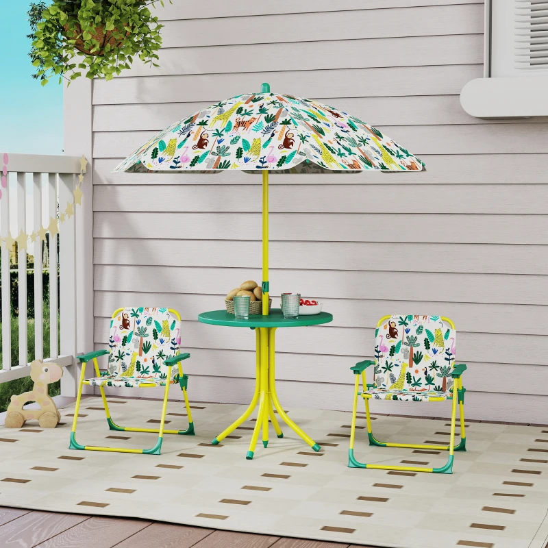 Qaba Kids Picnic Table, Kids Table and Chair Set with 2 Folding Chairs and Umbrella for Backyard, Garden, Patio, Green