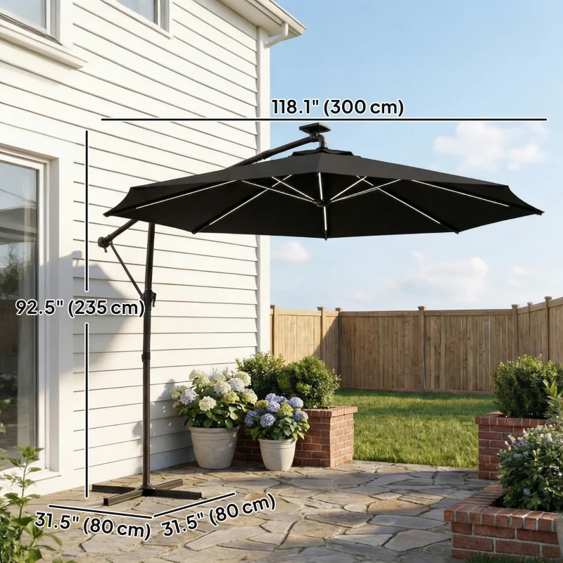 Outsunny 10 ft Offset Patio Umbrella with Solar Light, Garden Hanging Parasol with 360° Rotation, Tilt, Cover, Black