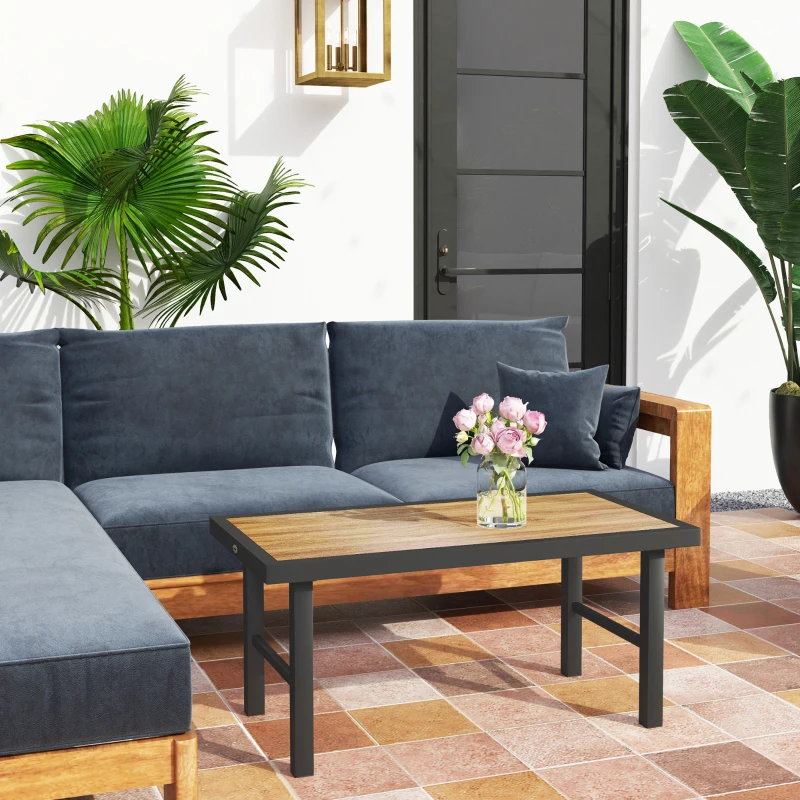 Outsunny Outdoor Side Table with SPC Woodgrain Tabletop, Metal Patio Coffee Table for Outside Garden, Brown