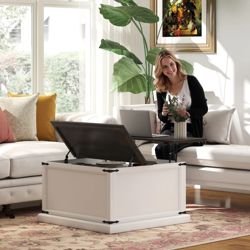 HOMCOM Lift Top Coffee Table with Charging Station, Square Farmhouse Center Table with Hidden Storage, White Wood Grain