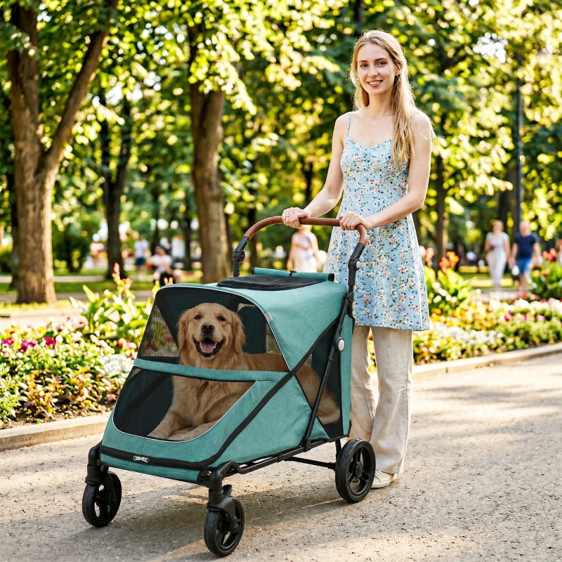 PawHut Dog Stroller for Large Dogs Up to 66 LBS with All-Terrain Spring Suspension, 8-Position Adjustable Handle, Teal