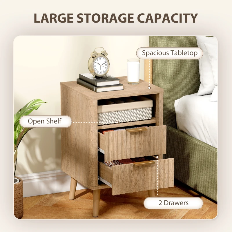 HOMCOM Nightstands Set of 2, Modern Bedside Tables with Charging Station, 2 Drawers and Open Shelf, Oak