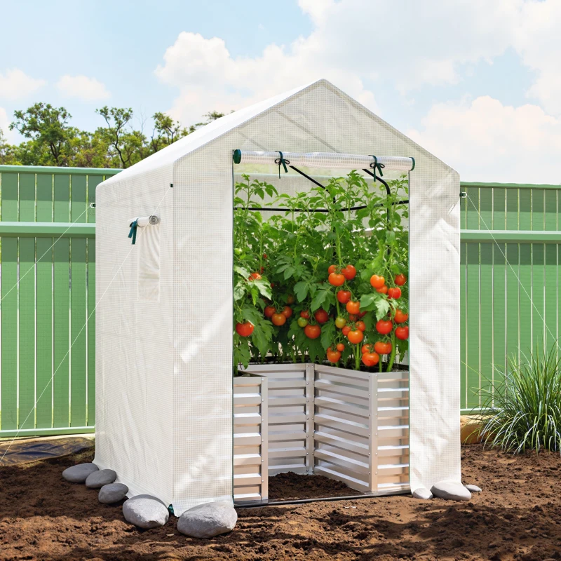 Outsunny Greenhouse with Raised Garden Bed, Galvanized Metal Planter Box with PE Cover, Roll Up Door, 56" x 56" x 75", White
