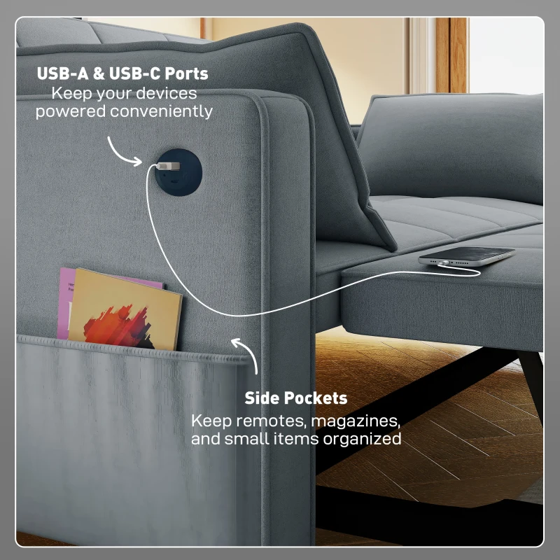 HOMCOM 3‑in‑1 Convertible Sofa Bed, Pull Out Sleeper Sofa with USB Charging, Adjustable Backrest, Side Pockets, Dark Grey