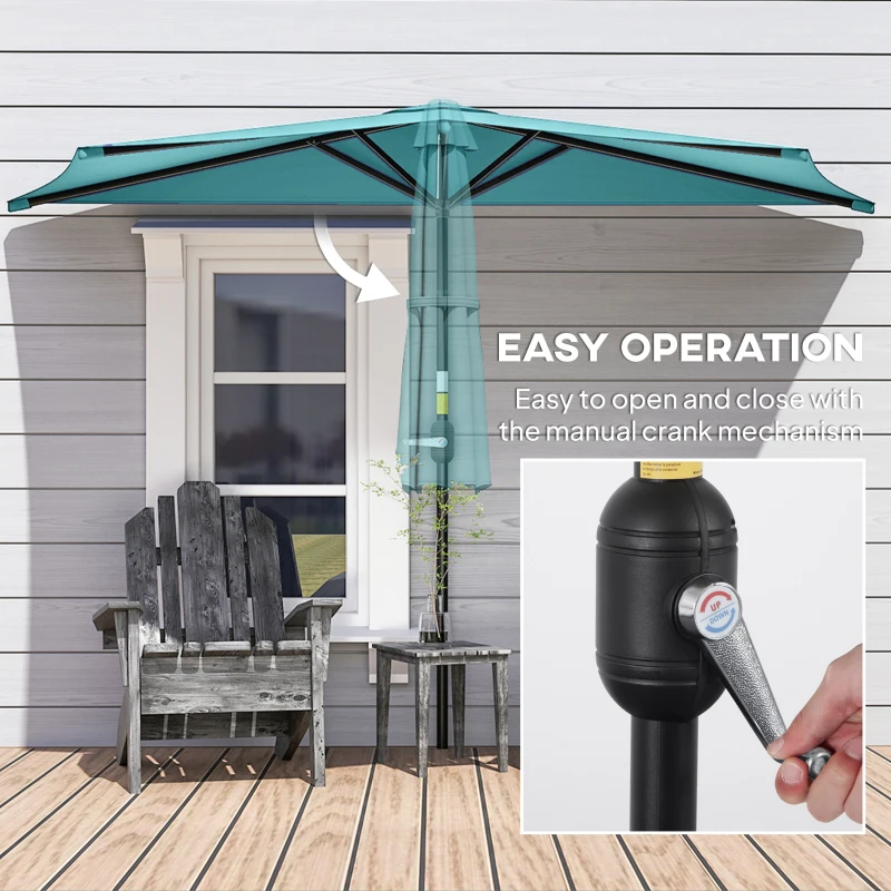 Outsunny 9.8ft Half Umbrella Semi Round Patio Parasol with Crank Handle, Top Vent for Garden, Balcony- NO BASE INCLUDED, Light Blue