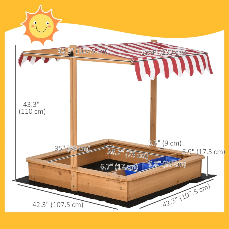 Outsunny Kids Wooden Sandbox, Children Play Sand Station Outdoor with Adjustable Height Cover Lid, Bottom Liner, Seat, Plastic Basins, for 3-7 Years Old Boys and Girls