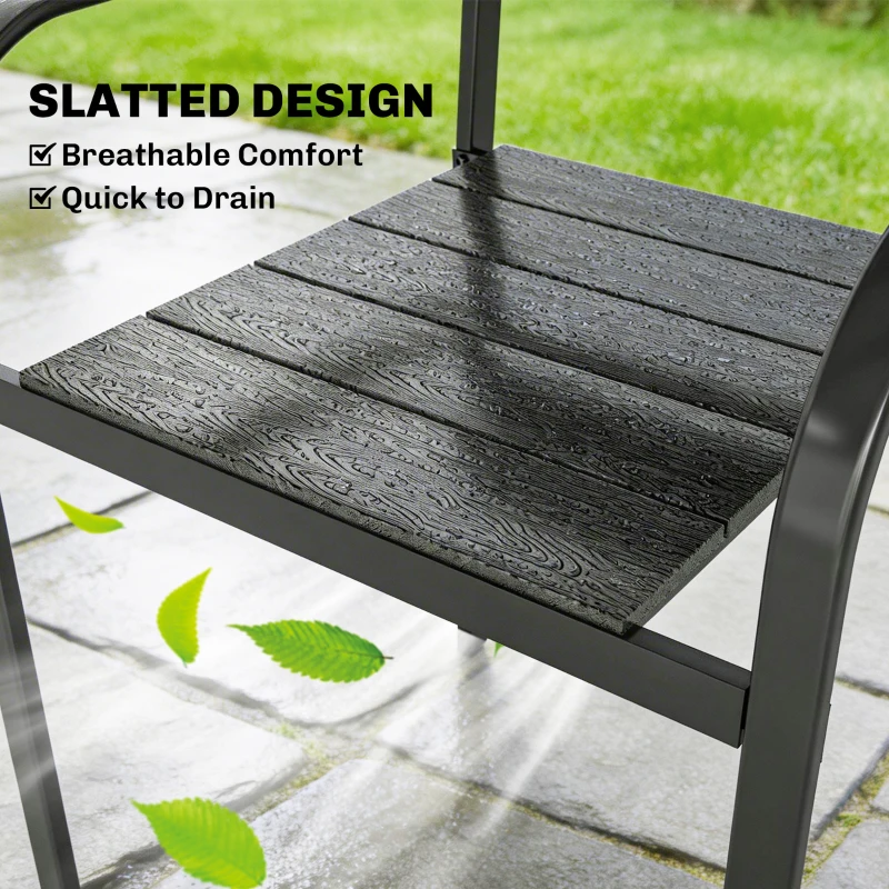 Outsunny Stackable Patio Chairs Set of 4, Outdoor Dining Chairs with Slatted HDPE Seat, Armrests for Garden, Backyard, Black