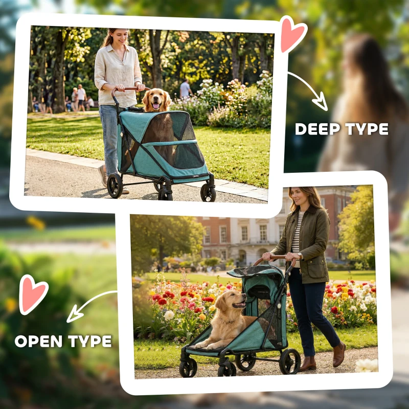 PawHut Dog Stroller for Large Dogs Up to 66 LBS with All-Terrain Spring Suspension, 8-Position Adjustable Handle, Teal