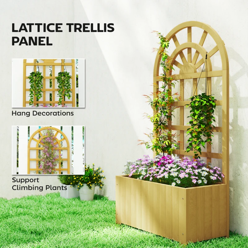 Outsunny Wooden Raised Garden Bed with Lattice Trellis, Outdoor Elevated Planter Box with Drainage Holes for Climbing Plants