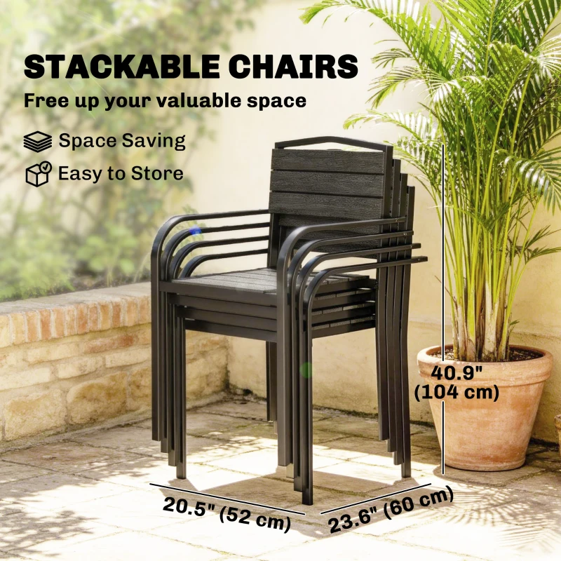Outsunny Stackable Patio Chairs Set of 4, Outdoor Dining Chairs with Slatted HDPE Seat, Armrests for Garden, Backyard, Black