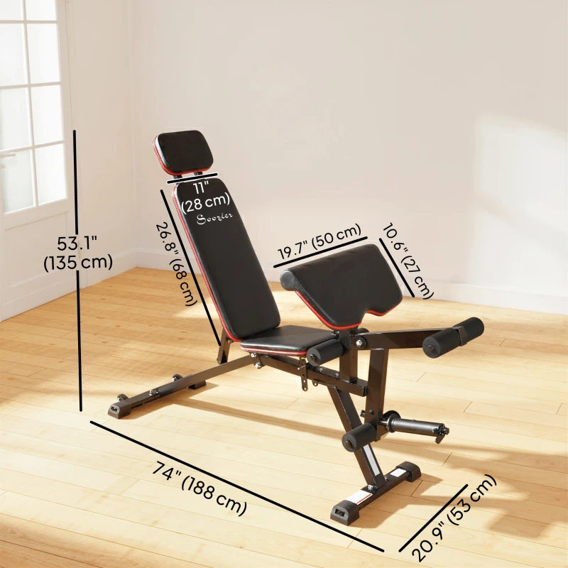 Soozier Adjustable Weight Bench with Wheels, Load 660LBS Workout Bench with Leg Extension, Preacher Curl and Resistance Bands
