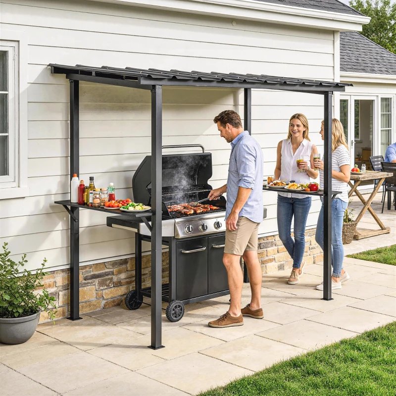 Outsunny 9' x 6' Hardtop Grill Gazebo, BBQ Gazebo with 2 Side Shelves and Galvanized Metal Slope Roof, Black