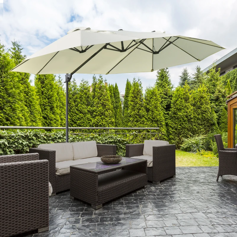 Outsunny Outdoor Patio Umbrella Offset Cantilever Umbrella with Twin Canopy Sunshade Umbrella with Lift Beige