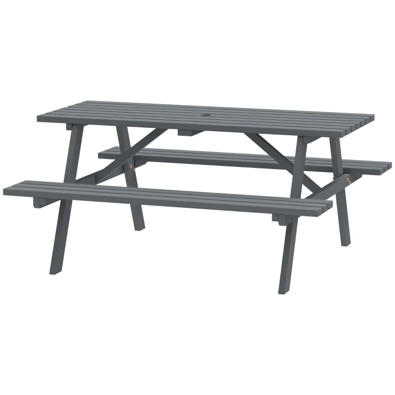 Outsunny Wood Picnic Table, Camping Table and Bench Set with Umbrella Hole for Outdoor, Garden, Patio, Backyard, Grey