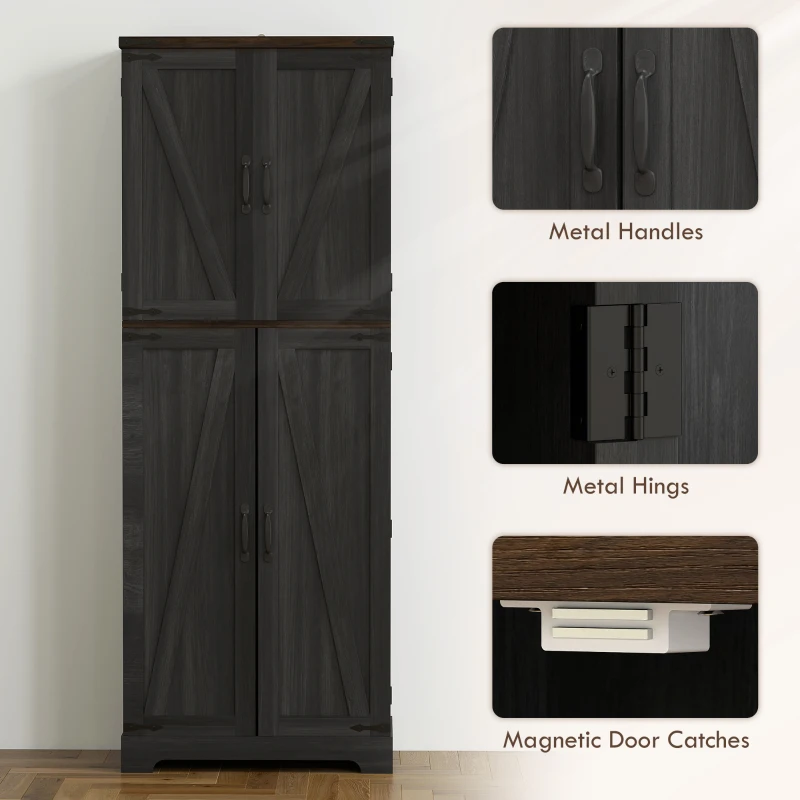 HOMCOM 64" Tall Kitchen Pantry Cabinet with Spice Racks and Adjustable Shelves, Black Wood Grain