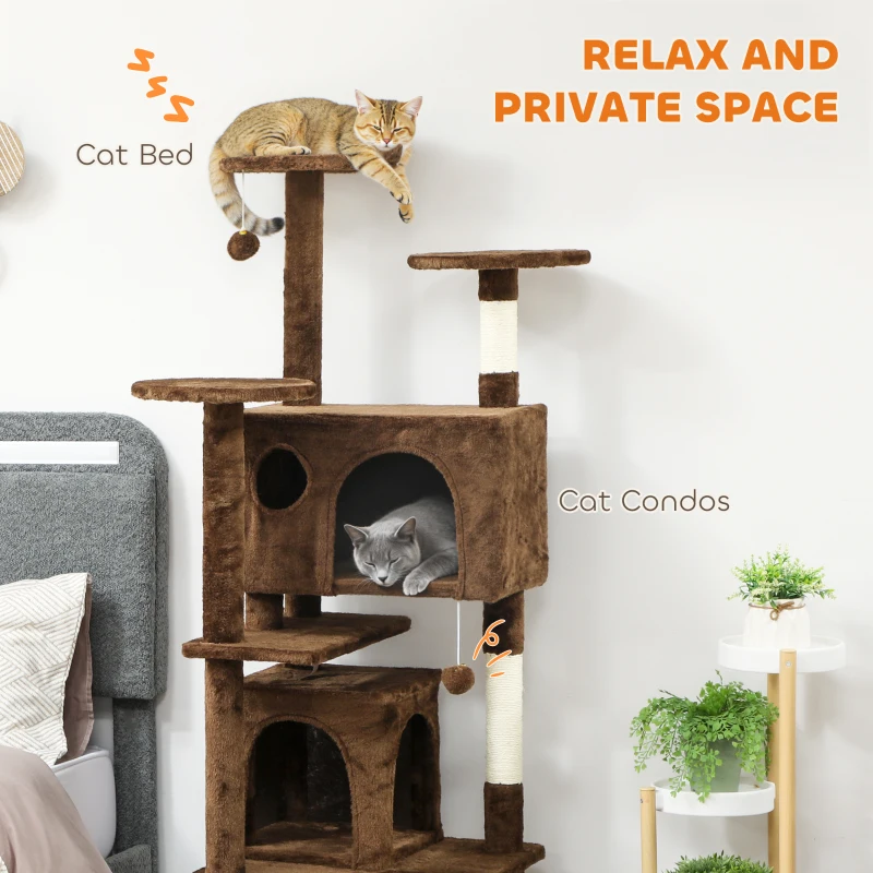 PawHut 63" Cat Tree, Multi-Level Cat Tower with Scratching Posts, Cat Condos, Bed, Platforms, Ramp, Toy Ball, Light Brown
