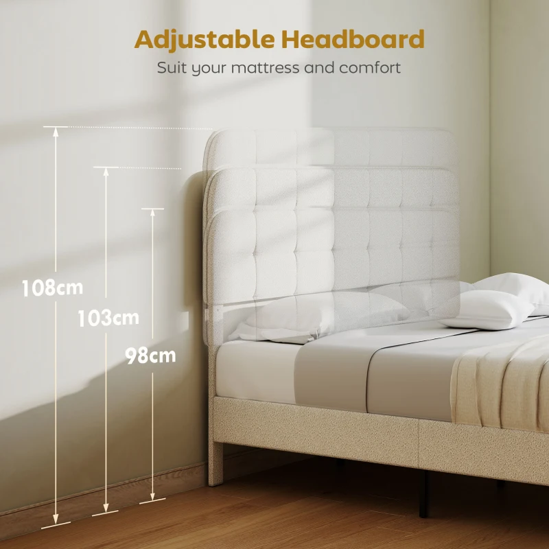 HOMCOM King Size Bed Frame with Adjustable Headboard Upholstered Platform Bed Frame with Wood Slat Support Noise Free White