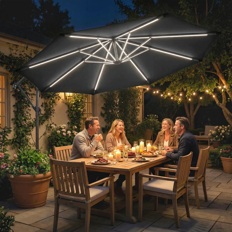 Outsunny 10 ft Offset Patio Umbrella with Solar Light, Garden Hanging Parasol with 360° Rotation, Tilt, Cover, Black