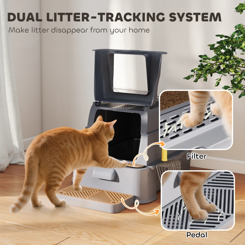 PawHut 80L XL Stainless Steel Cat Litter Box for Big Cats with Flip Cover, Pull-Out Drawer Tray, High Sided, Pedal, Dark Grey