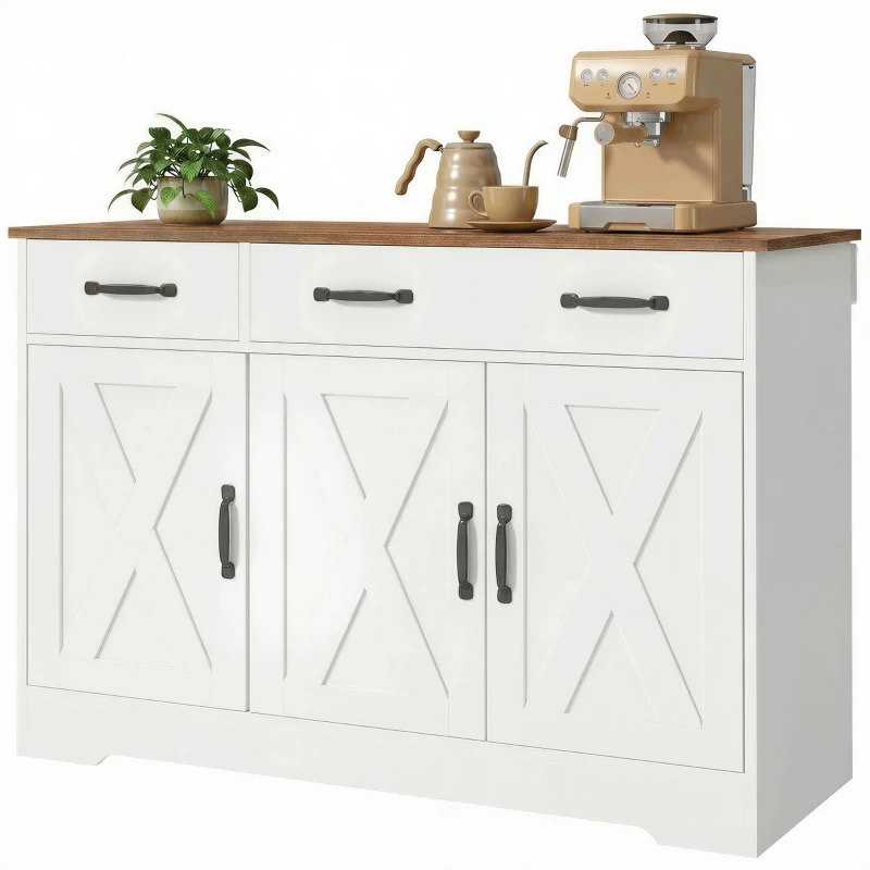 HOMCOM Sideboard Buffet Cabinet, 43" Farmhouse Kitchen Cabinet with 3 Barn Doors, 2 Drawers, 2 Adjustable Shelves, White